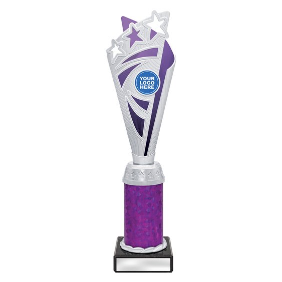 Large silver star burst trophy with purple panel and purple column on black base with blank engraving plate