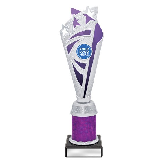 Medium silver star burst trophy with purple panel and purple column on black base with blank engraving plate