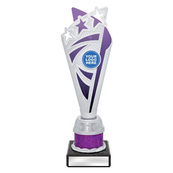 Small silver star burst trophy with purple panel and purple column on black base with blank engraving plate