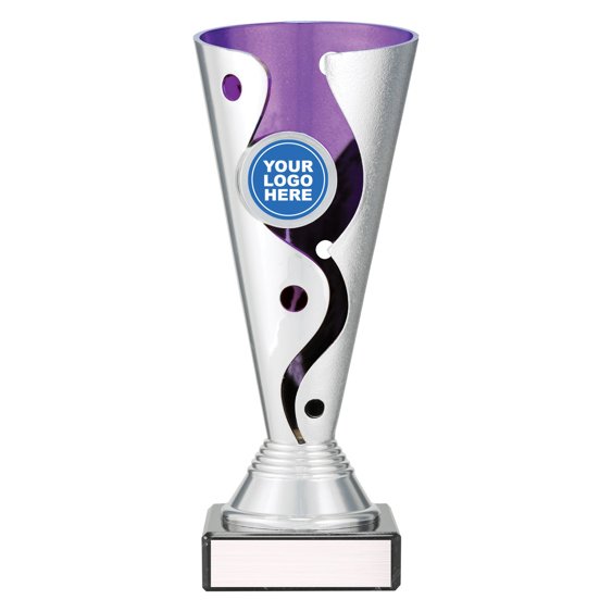 Large silver cup trophy with purple inner panel and curved cutout detail on black base with blank engraving plate