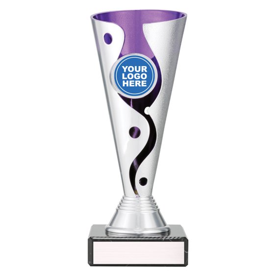 Medium silver cup trophy with purple inner panel and curved cutout detail on black base with blank engraving plate
