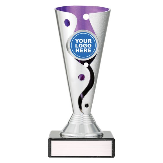 Small silver cup trophy with purple inner panel and curved cutout detail on black base with blank engraving plate