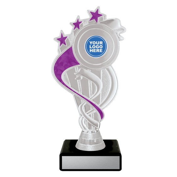 Extra small silver swirl star trophy with purple ribbon detail, purple column centre and engraving plate on black base