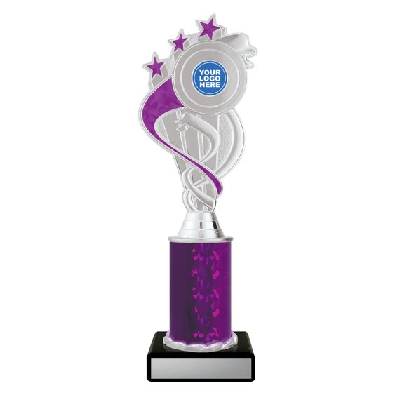 Large silver swirl star trophy with purple ribbon detail, purple column centre and engraving plate on black base