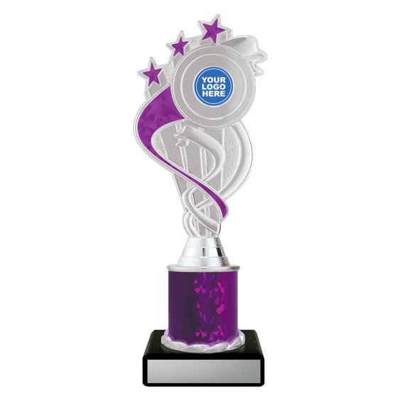 Medium silver swirl star trophy with purple ribbon detail, purple column centre and engraving plate on black base