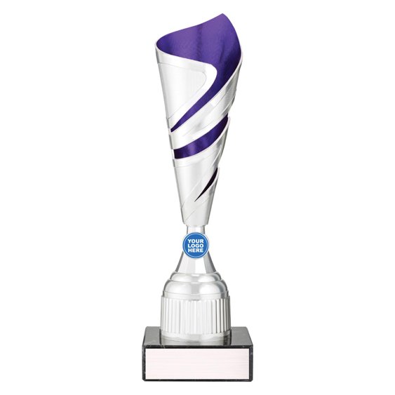 Extra large tall silver twist design cup trophy with purple inner panel and circular logo insert on black base