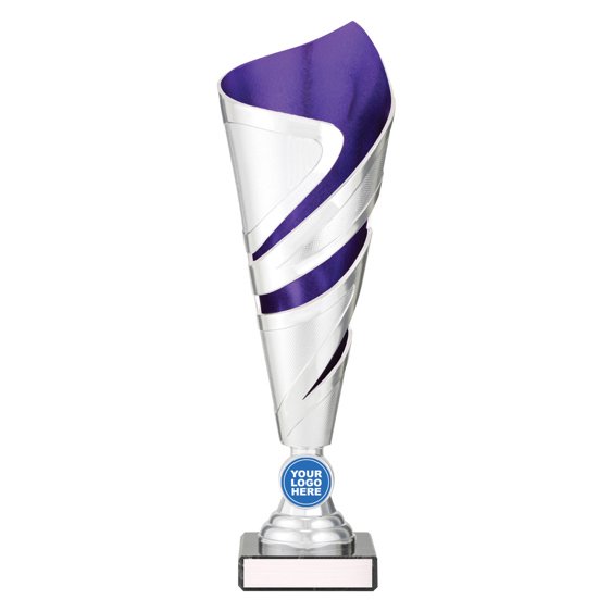 Extra small tall silver twist design cup trophy with purple inner panel and circular logo insert on black base