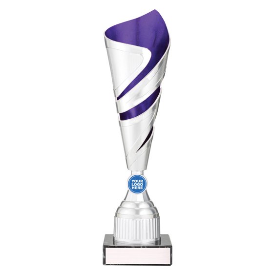 Large tall silver twist design cup trophy with purple inner panel and circular logo insert on black base