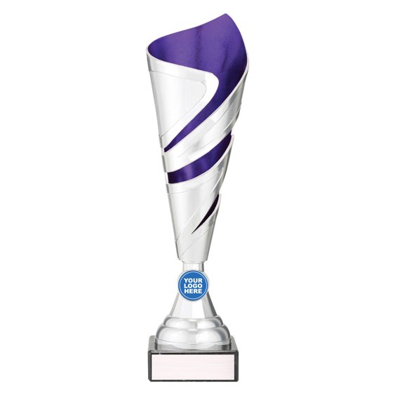 Medium tall silver twist design cup trophy with purple inner panel and circular logo insert on black base