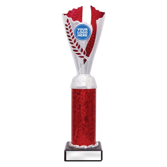 Extra large silver laurel trophy with red textured insert, red column centre and engraving plate on black base
