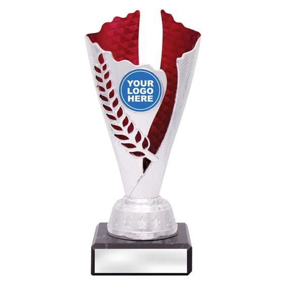 Extra small silver laurel trophy with red textured insert, red column centre and engraving plate on black base