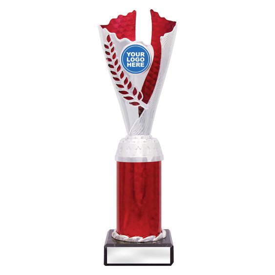 Large silver laurel trophy with red textured insert, red column centre and engraving plate on black base