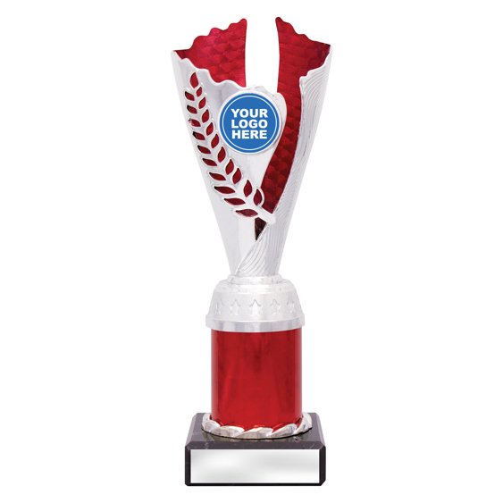 Medium silver laurel trophy with red textured insert, red column centre and engraving plate on black base
