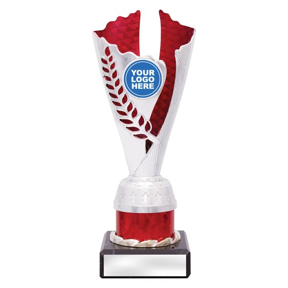 Small silver laurel trophy with red textured insert, red column centre and engraving plate on black base