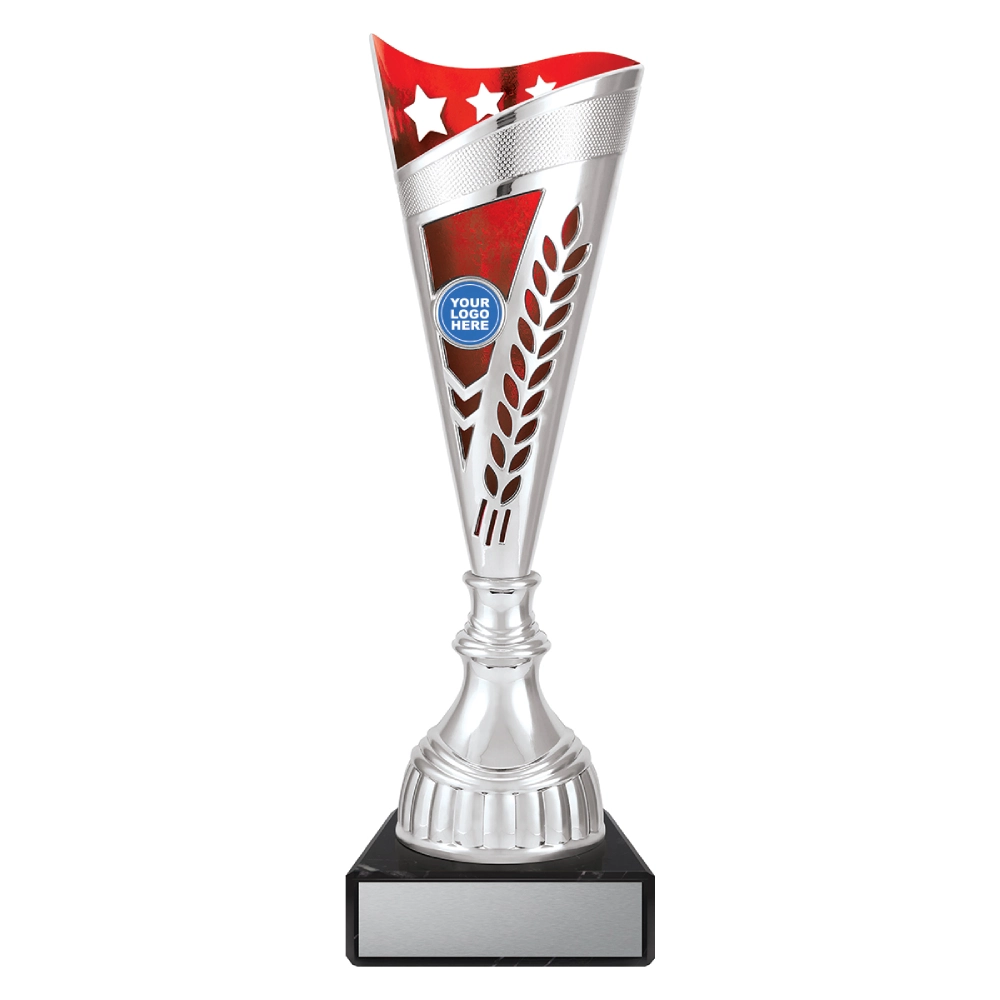 Extra large silver cup trophy with red top panel star detail and laurel cutout design on black base with blank engraving plate