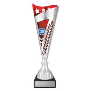 Medium silver cup trophy with red top panel star detail and laurel cutout design on black base with blank engraving plate