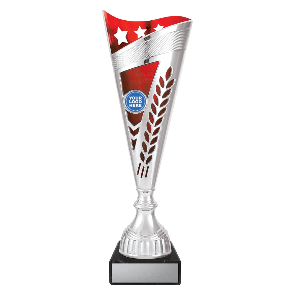 Medium silver cup trophy with red top panel star detail and laurel cutout design on black base with blank engraving plate