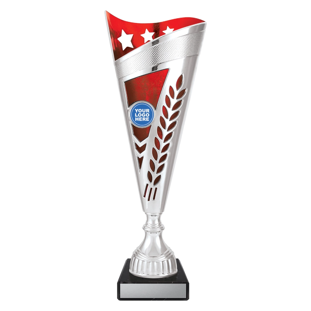 Small silver cup trophy with red top panel star detail and laurel cutout design on black base with blank engraving plate