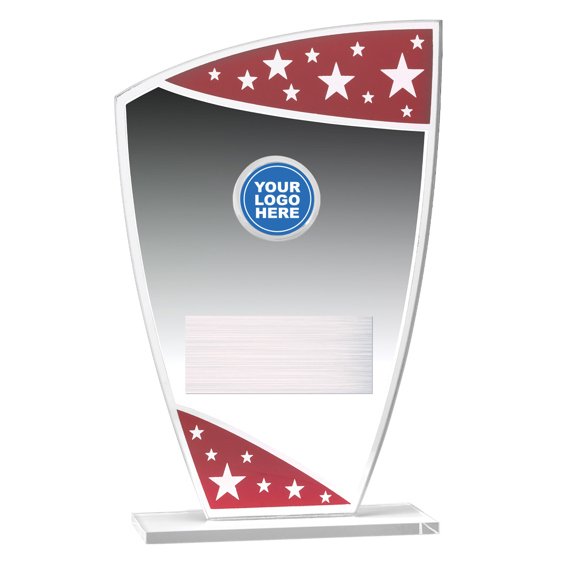 Silver acrylic award plaque with red star panels logo insert and blank engraving plate on clear base