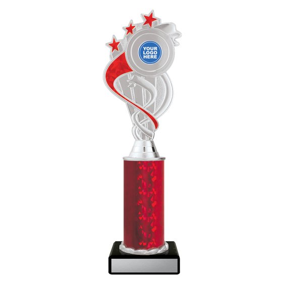 Extra large silver swirl star trophy with red ribbon detail, red column centre and engraving plate on black base