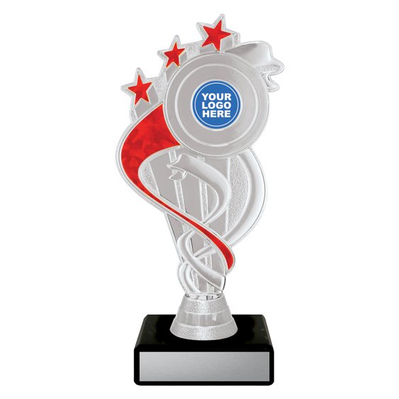 Extra small silver swirl star trophy with red ribbon detail, red column centre and engraving plate on black base