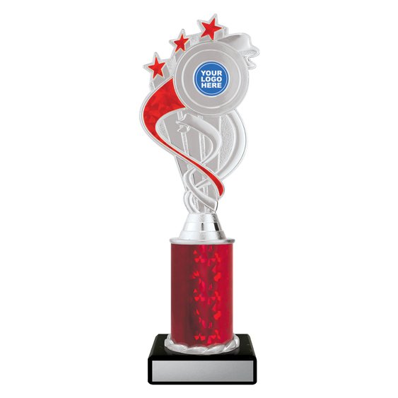 Large silver swirl star trophy with red ribbon detail, red column centre and engraving plate on black base