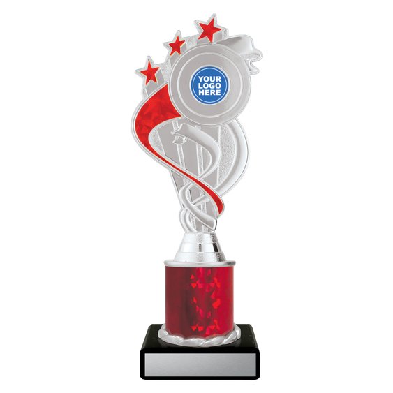 Medium silver swirl star trophy with red ribbon detail, red column centre and engraving plate on black base