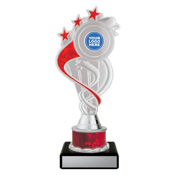 Small silver swirl star trophy with red ribbon detail, red column centre and engraving plate on black base