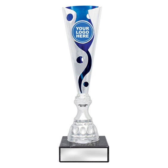 Extra large tall silver swirl cup trophy with blue inner panel and circular logo insert on square base