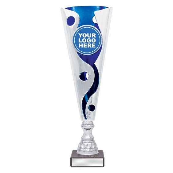 Extra small tall silver swirl cup trophy with blue inner panel and circular logo insert on square base