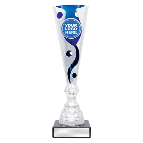Large tall silver swirl cup trophy with blue inner panel and circular logo insert on square base