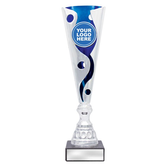 Medium tall silver swirl cup trophy with blue inner panel and circular logo insert on square base