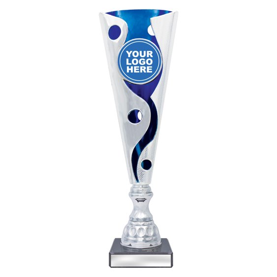Small tall silver swirl cup trophy with blue inner panel and circular logo insert on square base