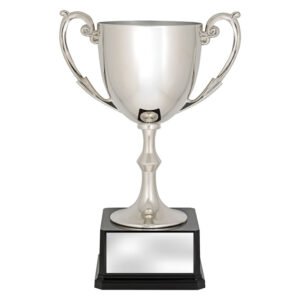 Polished silver cup trophy with curved decorative handles, tall stem and square black base with engraving plate.