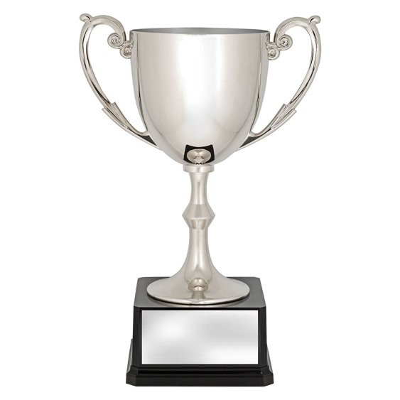 Polished silver cup trophy with curved decorative handles, tall stem and square black base with engraving plate.