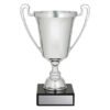Medium polished silver trophy cup with twin handles, traditional stem and black base with engraved plate for custom presentation.