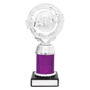 Medium silver dance trophy topper with purple column and black base with blank engraving plate