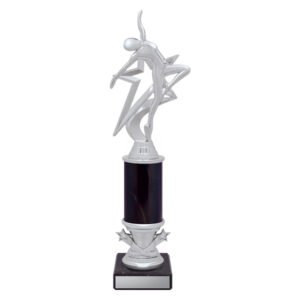 Medium silver dance figure trophy with star backdrop and dark column on black base with blank engraving plate