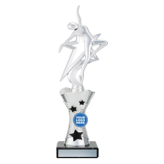 Small silver dance figure trophy with star backdrop and logo insert on black base with engraving plate