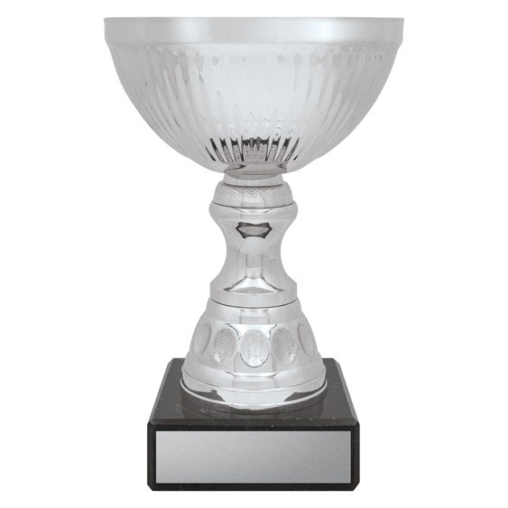 Large silver fluted bowl trophy with textured cup, decorative stem and black marble base with engraving plate.