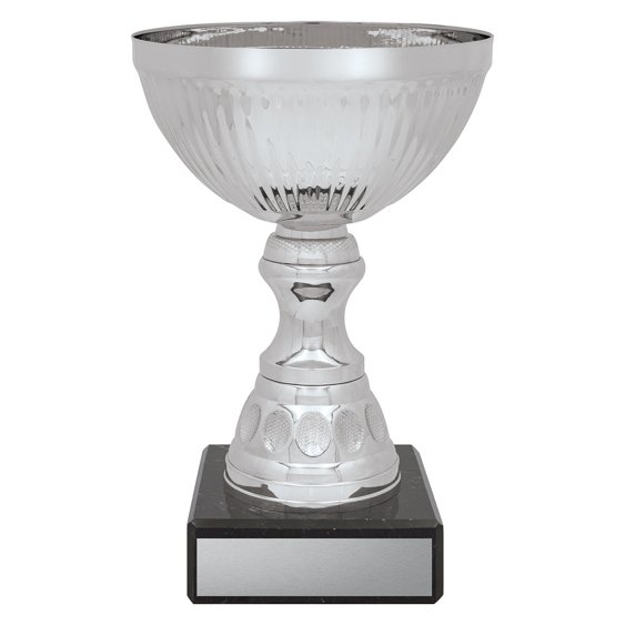 Medium silver fluted bowl trophy with textured cup, decorative stem and black marble base with engraving plate.