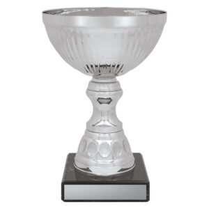 Small silver fluted bowl trophy with textured cup, decorative stem and black marble base with engraving plate.