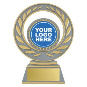 Silver and gold laurel circle trophy award with circular logo insert holder on base