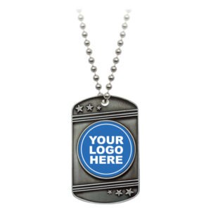 Silver keychain pendant with circular logo insert holder and ball chain necklace