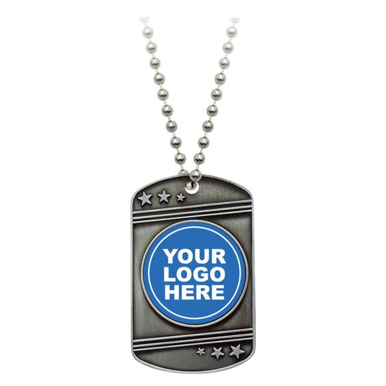 Silver keychain pendant with circular logo insert holder and ball chain necklace