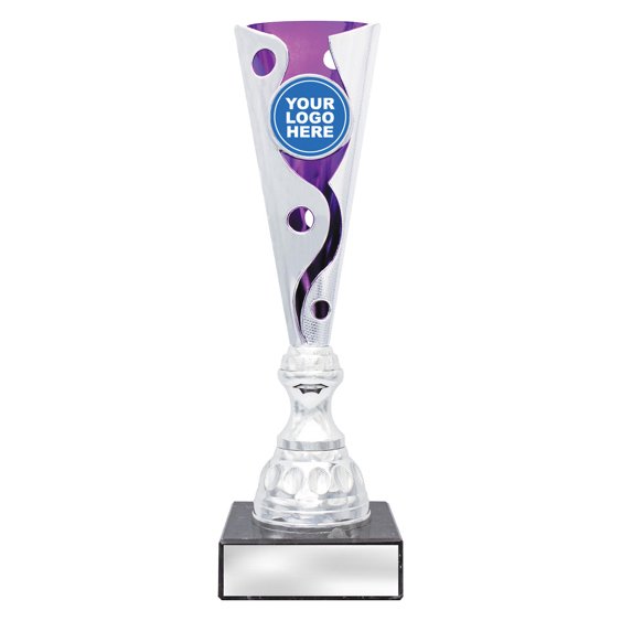 Extra large tall silver swirl cup trophy with purple inner panel and circular logo insert on square base