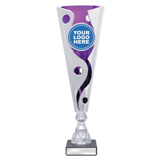 Extra small tall silver swirl cup trophy with purple inner panel and circular logo insert on square base