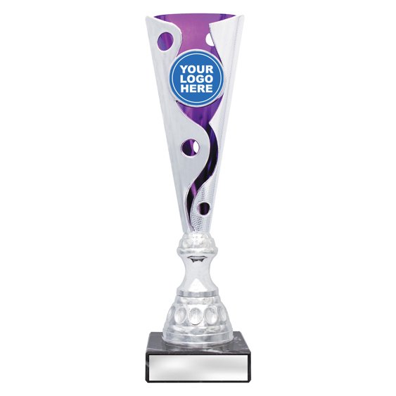 Large tall silver swirl cup trophy with purple inner panel and circular logo insert on square base