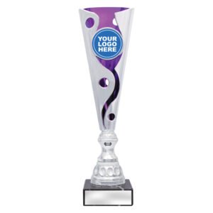 Medium tall silver swirl cup trophy with purple inner panel and circular logo insert on square base