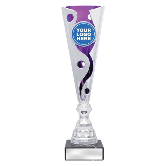 Medium tall silver swirl cup trophy with purple inner panel and circular logo insert on square base